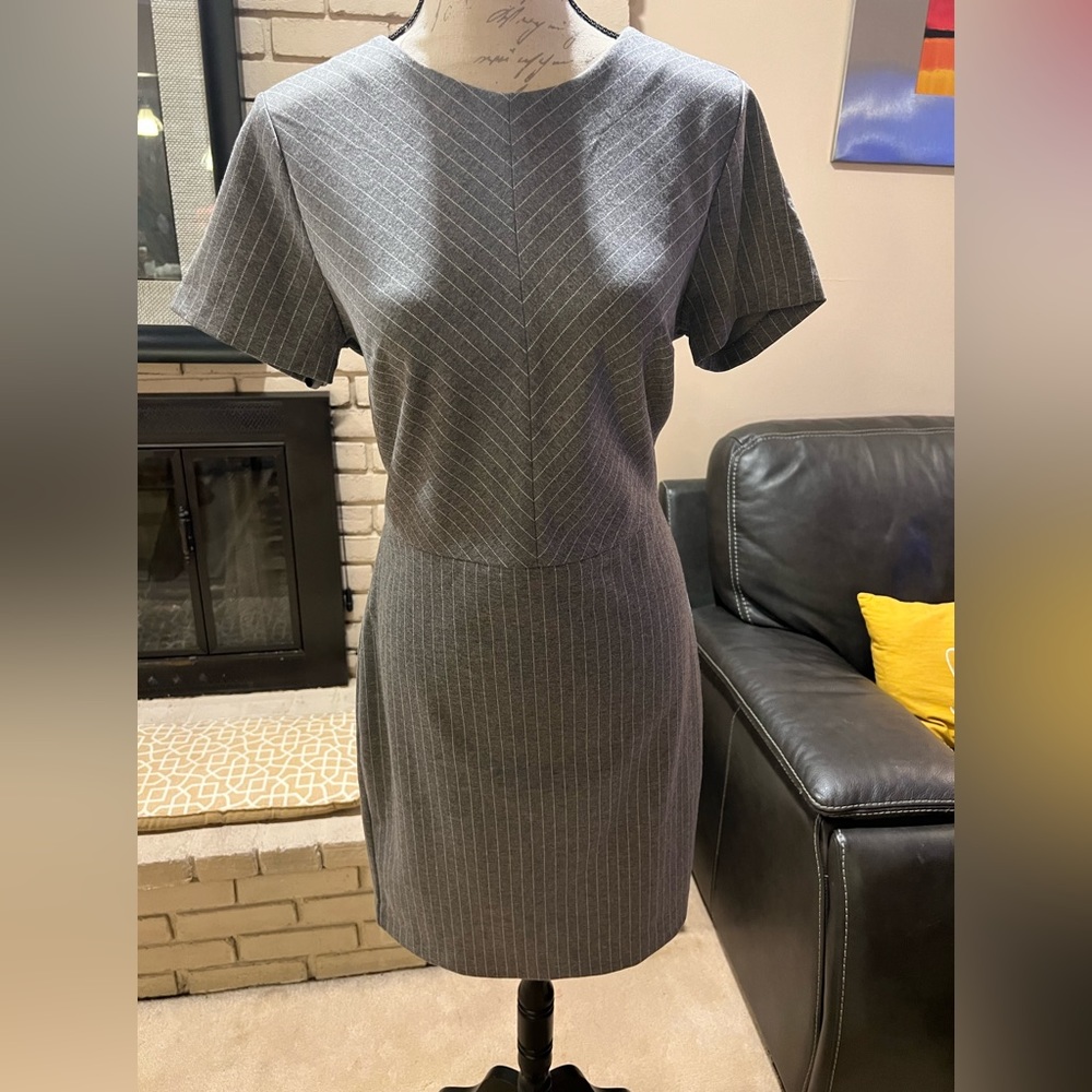 Banana Republic grey and white pinstripe dress.